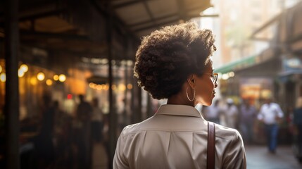 Africa business woman. backside of business woman with bokeh light. business district background..generative ai. 