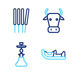 Set line Indian shoes, Hookah, Cow and Aroma sticks, incense icon. Vector
