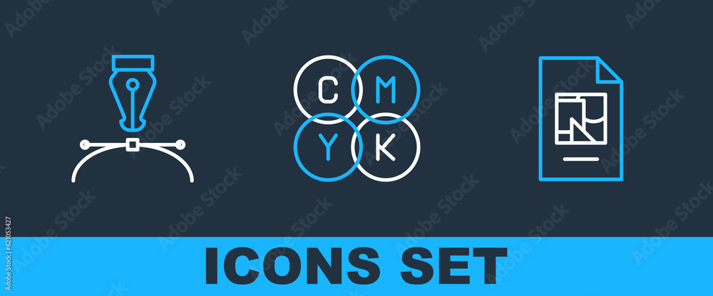 Poster set line file document, fountain pen nib and cmyk color mixing icon. vector