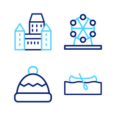 Fototapeta premium Set line Kayak or canoe, Beanie hat, Ferris wheel and Chateau Frontenac hotel icon. Vector