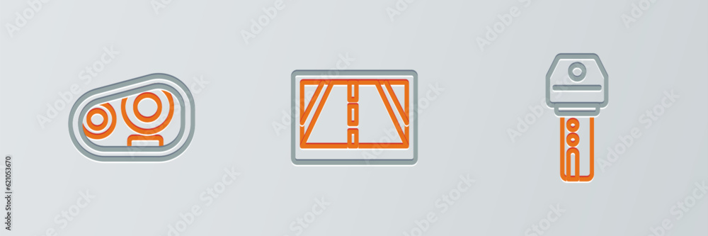 Poster set line car key with remote, headlight and gps device map icon. vector