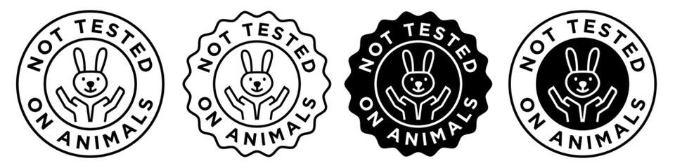 Not tested on animals icon. Cruelty free circular badge style emblem. Vector set collection of no experiment of cosmetics, hair products sign symbol. Rabbit or bunny with hand care mark outlined stamp