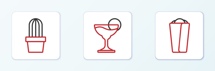 Set line Burrito, Cactus or succulent in pot and Margarita cocktail icon. Vector