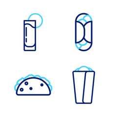 Set line Burrito, Taco with tortilla, and Tequila glass lemon icon. Vector