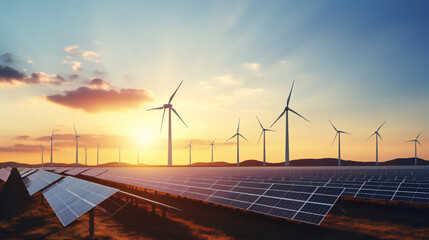 Solar panels wind turbines installed as renewable energy sources for electricity and power supply. Innovation and technology, environmental friendly energy. Solar farm under sunny day. Generation AI