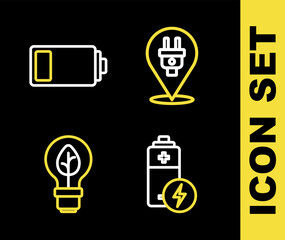 Set line Electric plug, Battery, Light bulb with leaf and icon. Vector