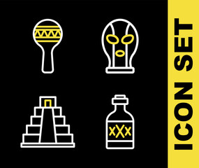 Set line Mexican wrestler, Tequila bottle, Chichen Itza in Mayan and Maracas icon. Vector