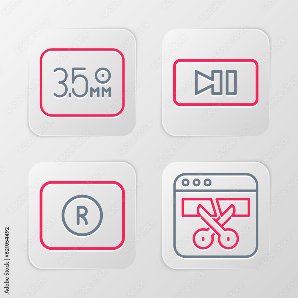 Poster set line video recorder or editor, record button, pause and audio jack icon. vector