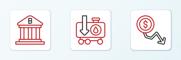 Set line Dollar rate decrease, Bank building and Drop crude oil price icon. Vector