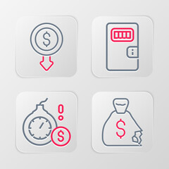 Set line Money bag, bomb dollar crisis, Prison cell door and Dollar rate decrease icon. Vector