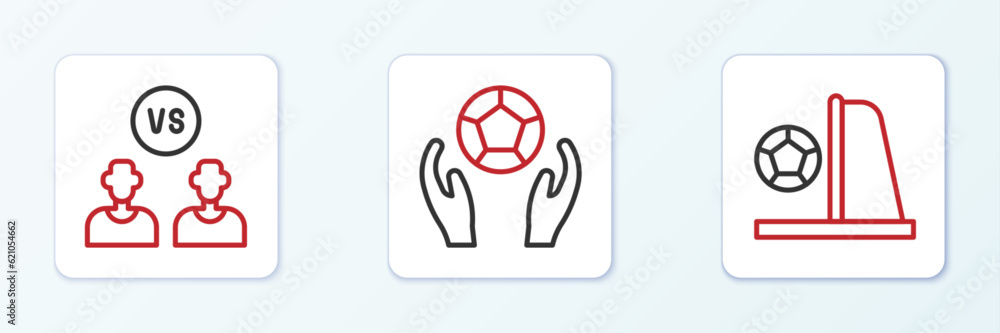 Poster set line football goal with ball, or soccer player and soccer football icon. vector