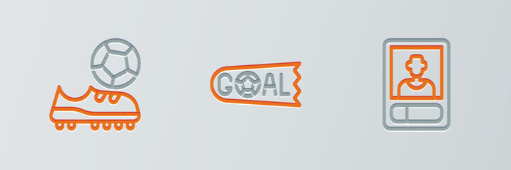Set line Football or soccer card, shoes and Goal football icon. Vector