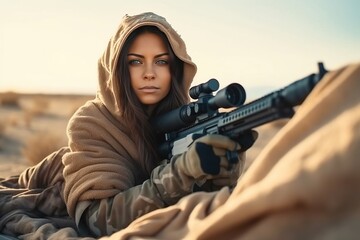 Sniper girl holding her rifle. Created with Generative Ai technology.
