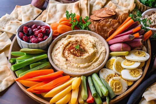 platter of hummus, pita bread, and assorted toppings, created with generative ai