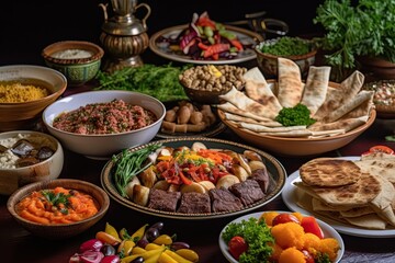 arabic feast, featuring a variety of grilled meats and vegetables, created with generative ai