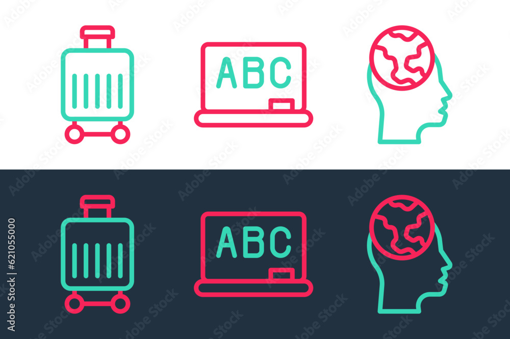 Poster set line learning foreign languages, suitcase and chalkboard icon. vector