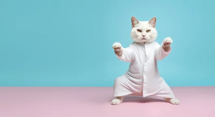 Fotobehang Funny cat in white kimono exercising yoga or Asian martial arts. Legs wide stance, paws in air. Banner with copy space on side. Generative AI © Lubo Ivanko