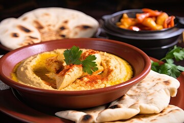 close-up of a warm and steamy plate of hummus with pita bread on the side, created with generative ai