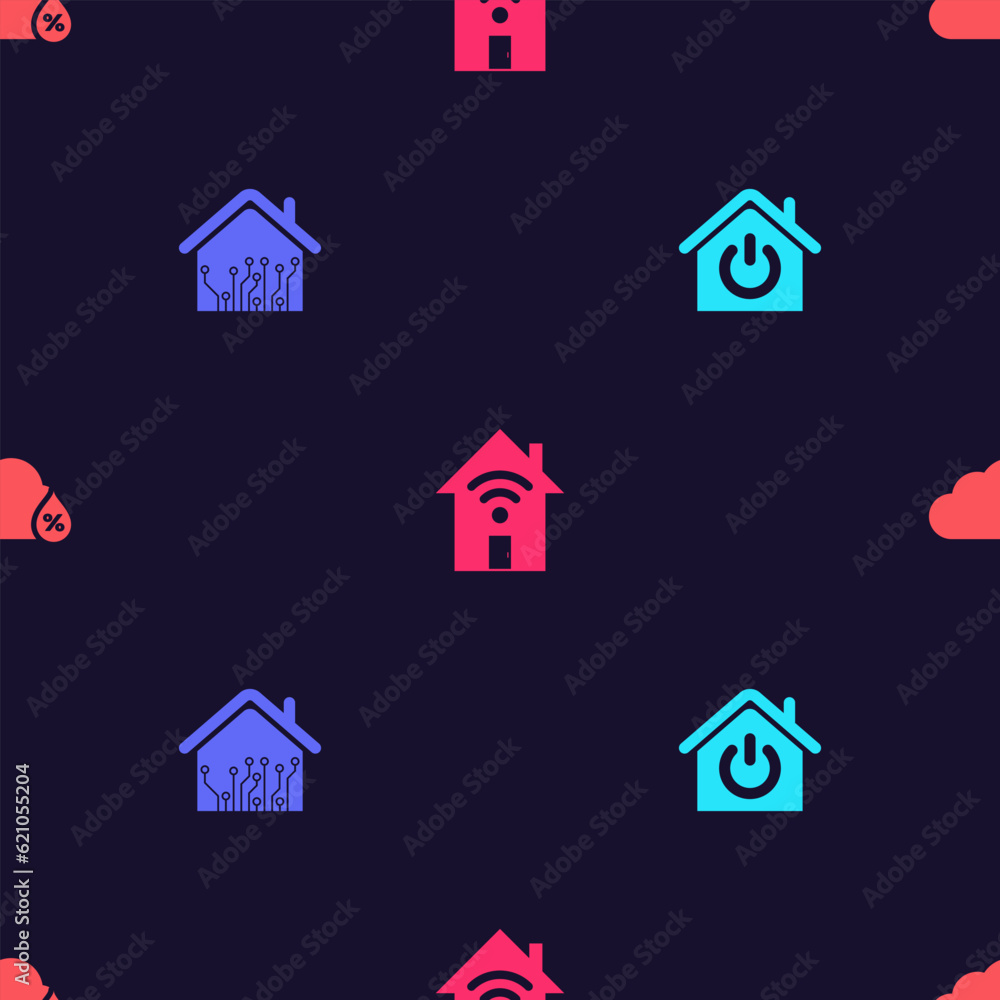 Poster set smart home, , with wi-fi and humidity on seamless pattern. vector
