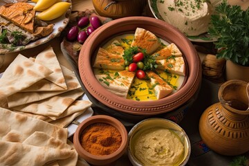 platter of hummus, pita chips, and other arabic food favorites, created with generative ai