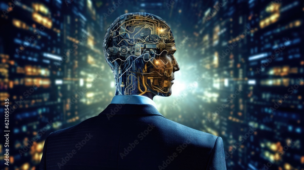 Poster a businessman and a brain printed circuit board (pcb) design are supposed to represent topics such a