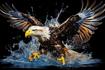 Majestic bald eagle making splash in the water illustration made with Generative AI