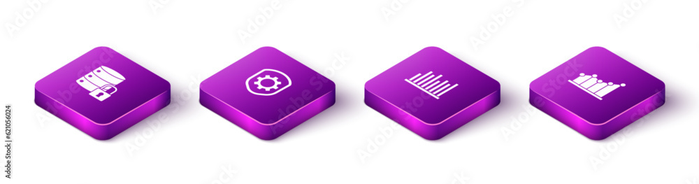 Poster set isometric server security with lock, shield settings gear, pie chart infographic and icon. vecto
