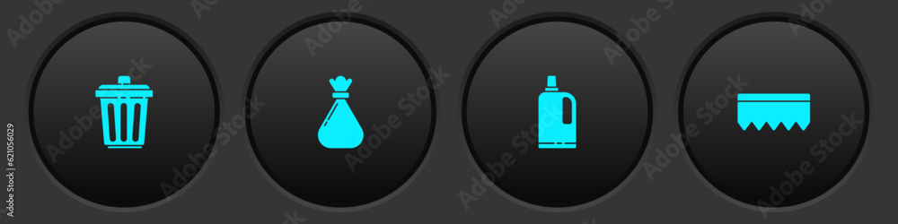 Poster set trash can, garbage bag, fabric softener and sponge with bubbles icon. vector