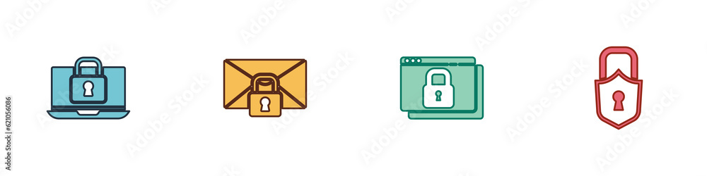 Poster set laptop and lock, mail message password, secure your site with https, ssl and lock icon. vector