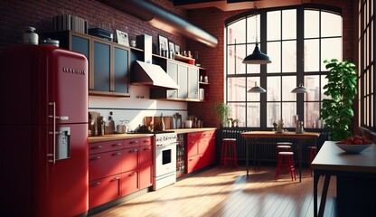 beautiful elegant kitchen in a loft apartment in red color