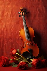 Obraz na płótnie Canvas Classical wooden violin with flowers and a red background illustration made with Generative AI