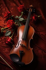 Fototapeta na wymiar Classical wooden violin with flowers and a red background illustration made with Generative AI