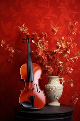 Classical wooden violin with flowers and a red background illustration made with Generative AI