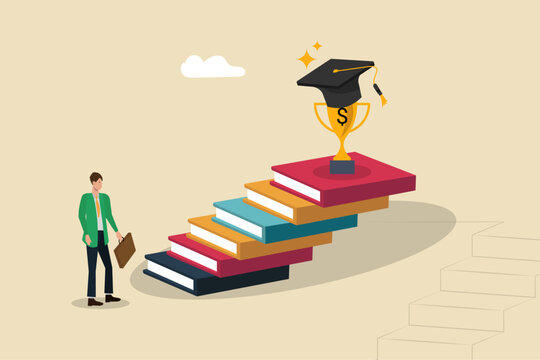 Going through training courses, completing a skills training course for success, businessman standing on the edge of a staircase of books topped by a graduation cap