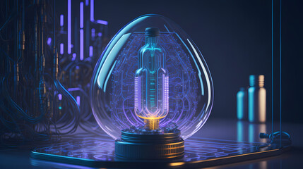 A high-tech smart bulb with a transparent outer casing, revealing its intricate circuitry and advanced lighting technology, generated by ai