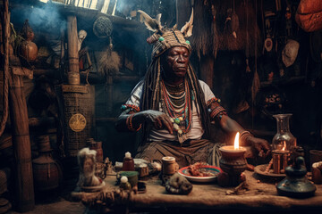 African shaman or witch doctor performing ritual in his shrine, mystical dark occult portrait. Generative AI
