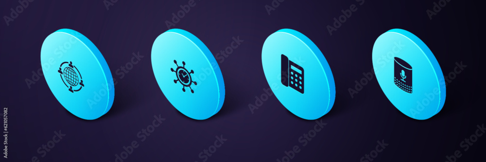 Poster Set Isometric Voice assistant, Telephone, Clock and gear and Outsourcing concept icon. Vector