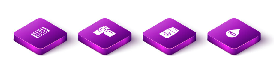 Set Isometric Smartphone with contacts, Cinema camera, Coffee beans bag and Water drop H2O icon. Vector