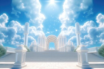 A picture of a huge staircase leading up to the open, majestic pearly gates of heaven with a backdrop of the sky in blue. - obrazy, fototapety, plakaty