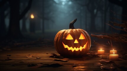 Fototapeta premium Halloween pumpkin on in a dark forest, on a dark background. Dark forest
