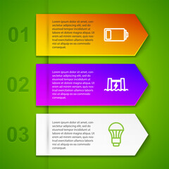 Set line Battery, Hydroelectric dam and LED light bulb. Business infographic template. Vector