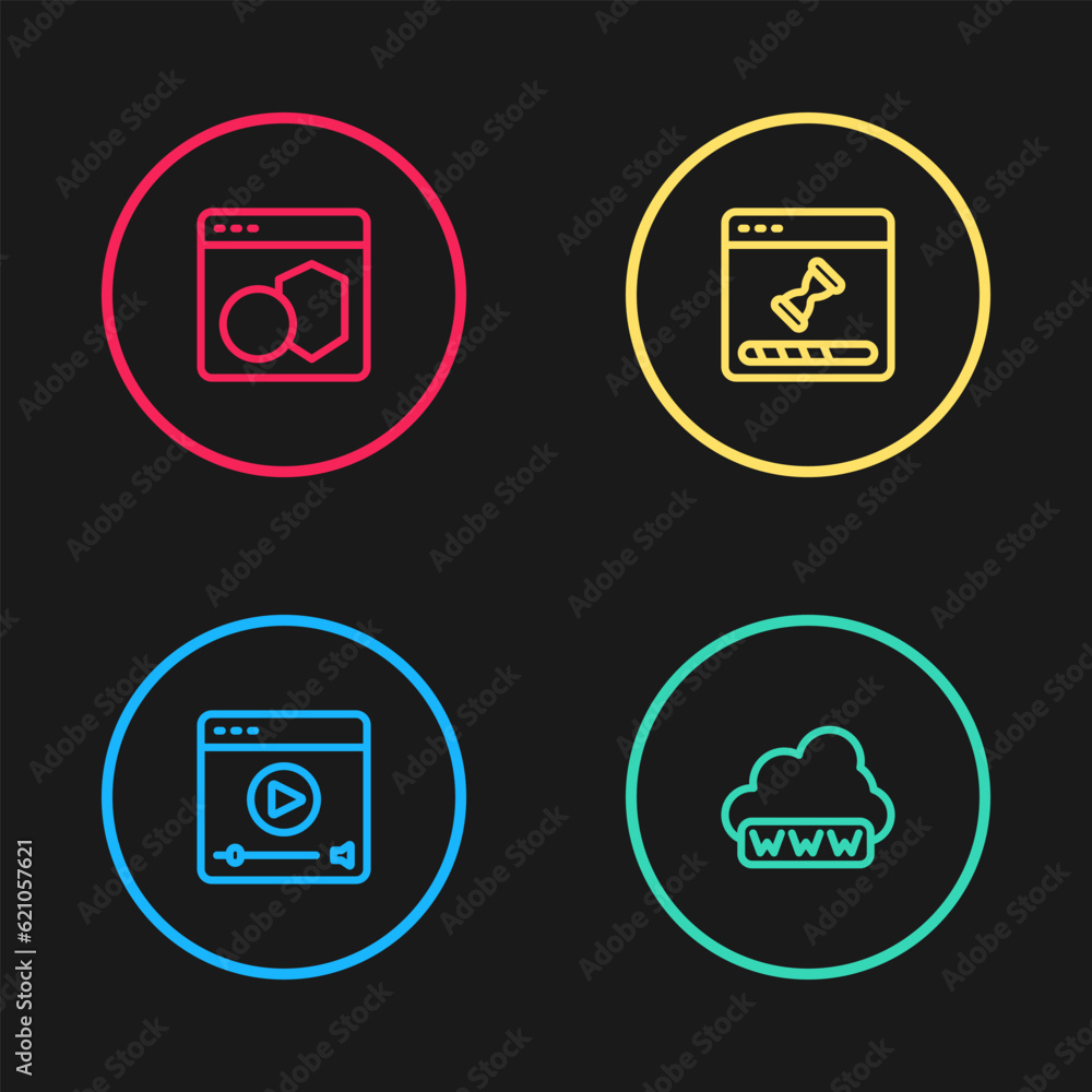 Poster set line online play video, web development, loading data window and software icon. vector