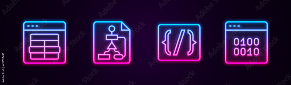 Poster set line mysql code, flowchart, programming language syntax and binary. glowing neon icon. vector