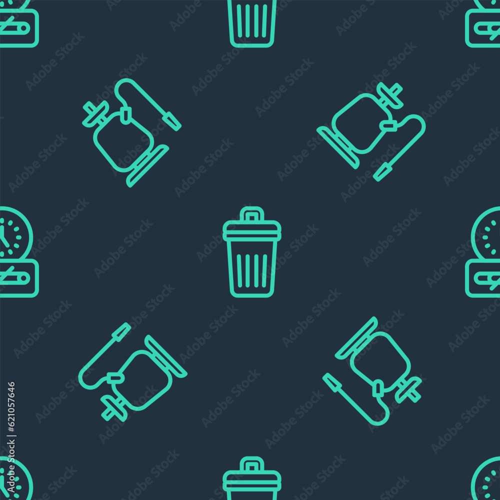 Poster set line trash can, hookah and no smoking time on seamless pattern. vector