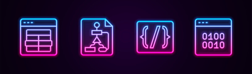 Set line MySQL code, Flowchart, Programming language syntax and Binary. Glowing neon icon. Vector