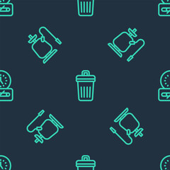 Set line Trash can, Hookah and No smoking time on seamless pattern. Vector