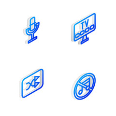 Set Isometric line Smart Tv, Microphone, Arrow shuffle and Speaker mute icon. Vector