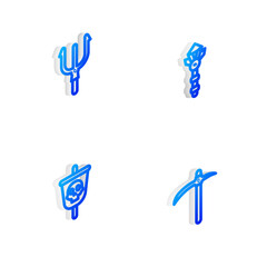 Set Isometric line Magic wand, Neptune Trident, Pirate flag and Pickaxe icon. Vector
