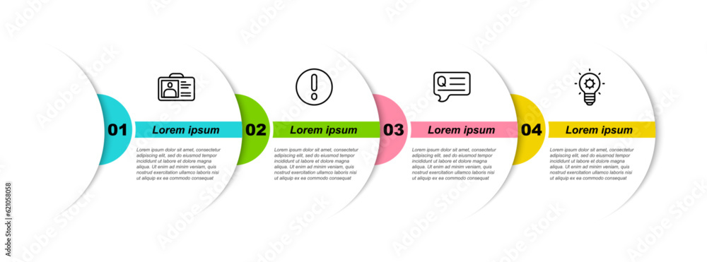 Poster set line identification badge, speech bubble and exclamation, bubbles with question and light bulb. 