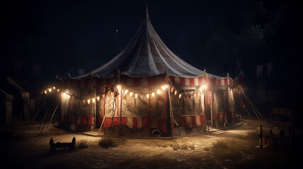 Eerie haunted circus tent at night time. Marquee in the woods. Created with Generative AI.